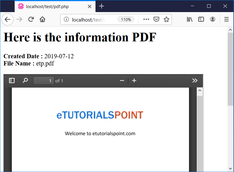 How to display PDF file in PHP from database
